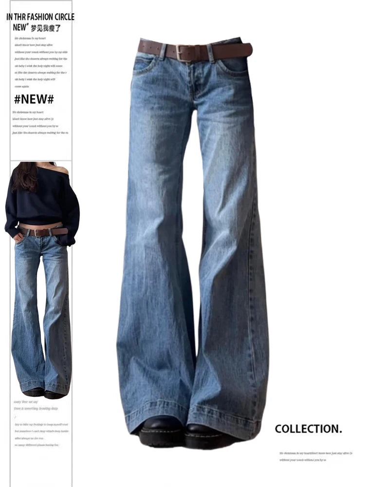 Autumn Winter Women Vintage Old Money Baggy Flare Jean Japanese Y2K Streetwear Denim Pants Grunge Bell-Bottom High Street Korean Good Vibrations