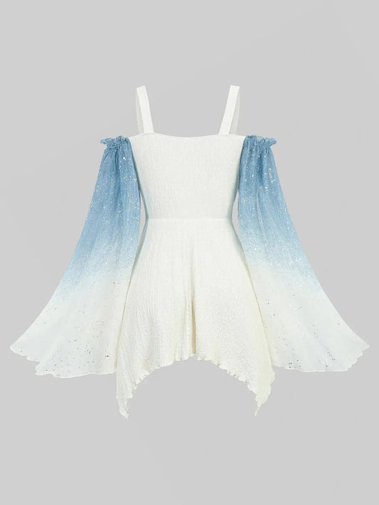 ROSEGAL Plus Size Ombre Print Cold Shoulder Blouse Flare Sleeves Asymmetrical Top For Women 2025 Autumn New Hot Stamping Detail Good Vibrations