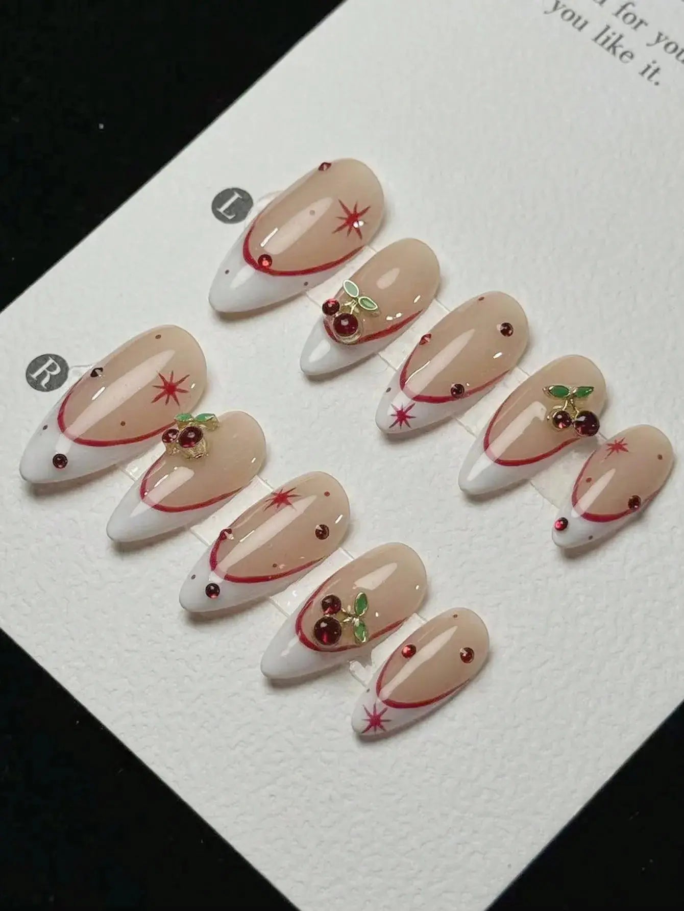 10 pieces of pure handmade almond-shaped nails, with white French tips and red cherry decorations. They are suitable for daily c Good Vibrations