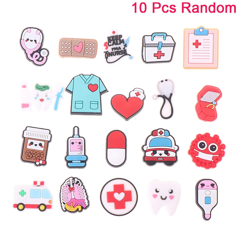10PCS/Pack Medical PVC Shoe Charms Cute Stethoscope Syringe Shoe Buckle Decoration Jibz Fit Croc Kids X-mas Gifts Random Good Vibrations