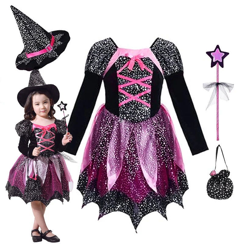 Halloween Party Costumes Witch Dress for Girls Kids Cosplay Carnival Witch Costume Pumpkin Dress Up With Bag Hat Wand Clothing Good Vibrations