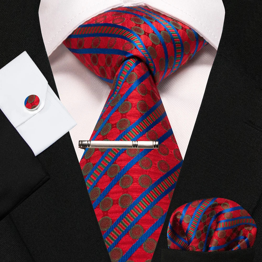 8cm Silk Mens Ties Green Black Ties plaid stripe NeckTie Pocket Square Cufflinks Tie clips Set Men's Wedding business Party Tie Good Vibrations