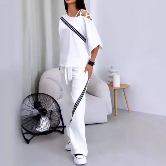 New Fashion Two-piece Women's White Sports Suit Sexy Off Shoulder Loose Sports Shirt+casual Pants Cotton Sportswear Women's Good Vibrations