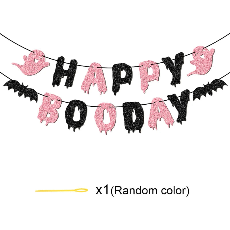 YOMDID Glitter Birthday Banner Happy Boo Day Party Banner Happy Letters Halloween Ghosts and Bats Happy Birthday Decorations Good Vibrations