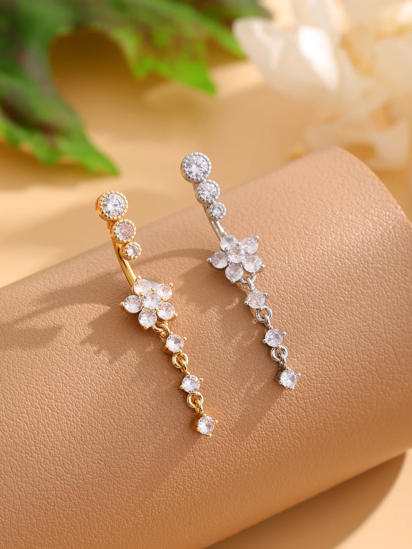Gold Color Stainless Steel Belly Button Ring Long Dangled Flower CZ Crystal Navel Belly Piercing Rings for Women Sexy Jewelry Good Vibrations Adult Super Store