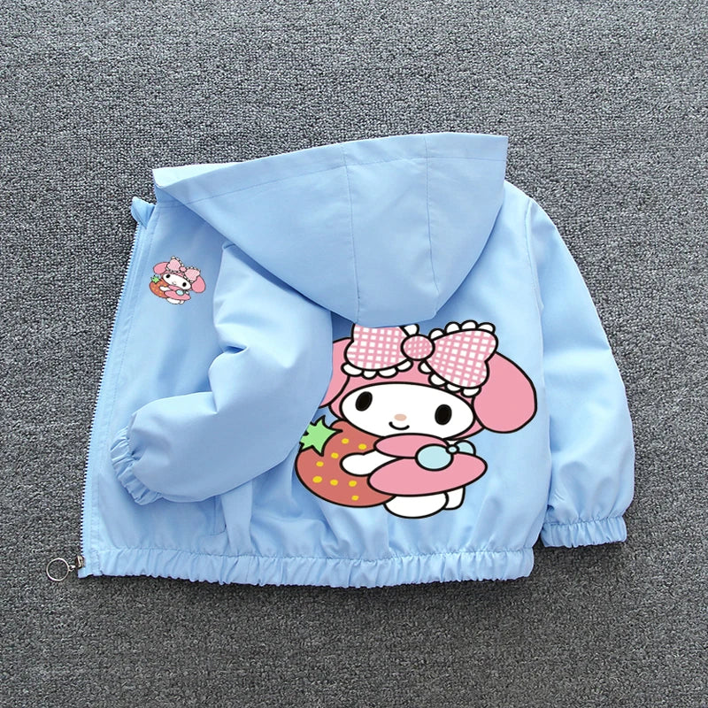 Kuromi Melody Girls Windbreaker Jacket 2024 New Spring Autumn Kid Fashion Cartoon Zipper Hooded Coat Teen Clothing Birthday Gift Good Vibrations