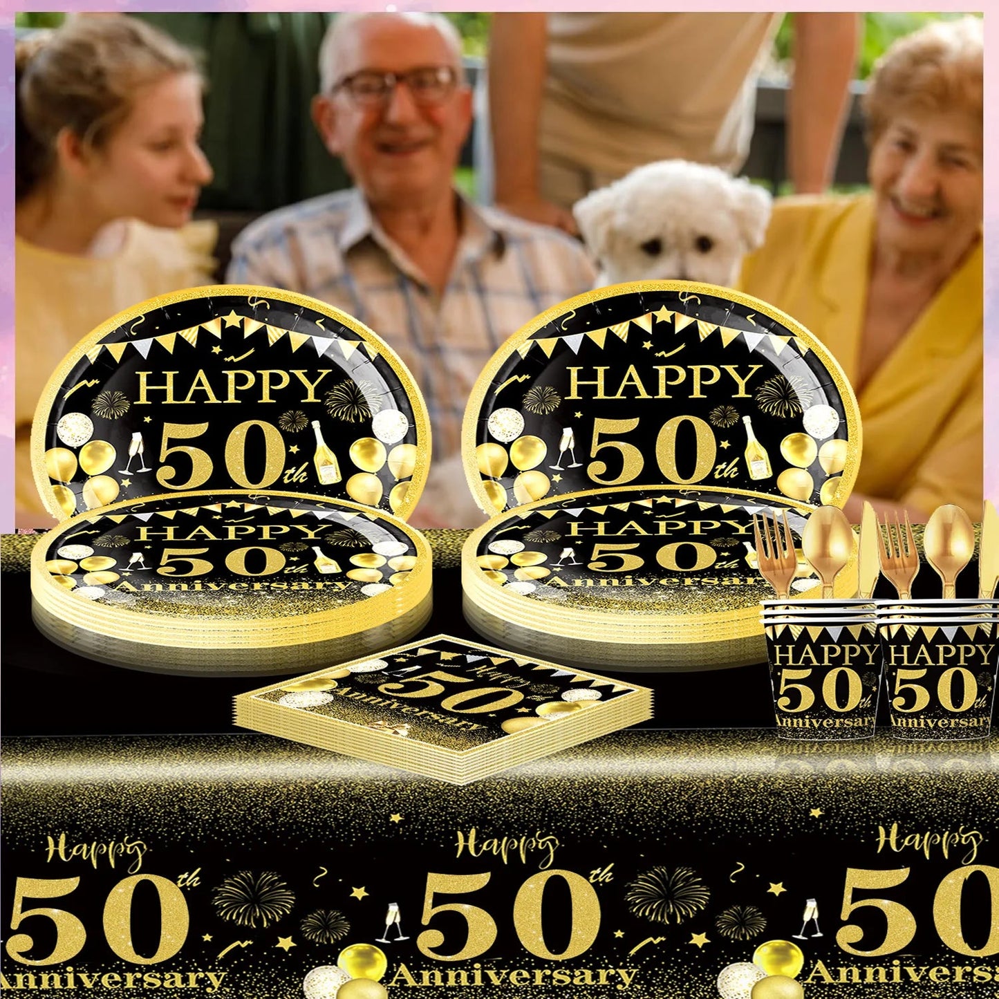 Happy 50th birthday party table supplies, black and gold theme, napkins, 7inch paper cups, tablecloth, plates, party decoration Good Vibrations