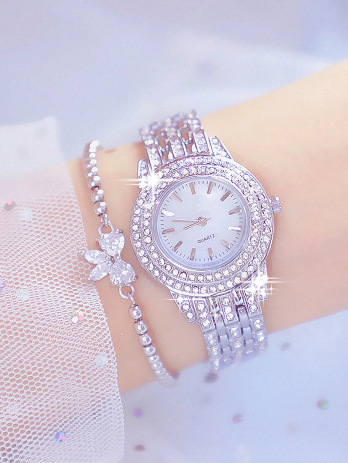 2pcs Fashionable Diamond Studded Real Nail Scale Alloy Set Quartz Bracelet Watch FOR WOMEN'S Watches Good Vibrations