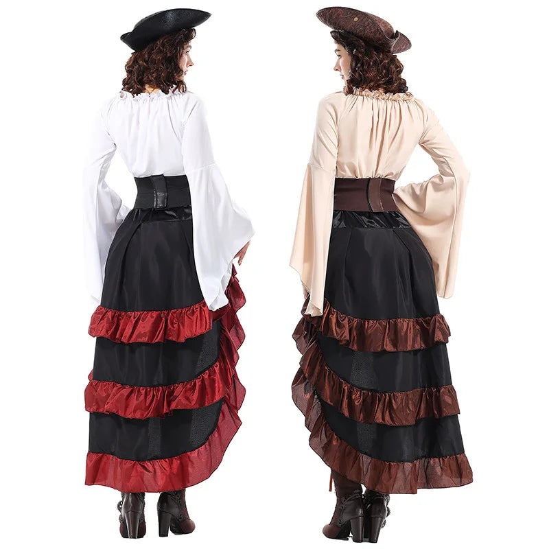 Halloween Womens Cosplay Medieval Pirate Costume Top Corset Skirt Hat Retro Voyager Dress Carnival Play Suit Party Fancy Dress Good Vibrations