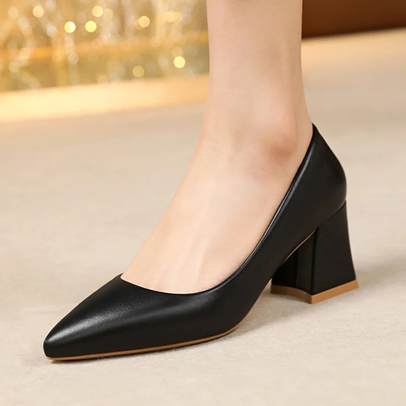 Women High Heel Pumps 2025 Thick Heels Women Shoes Solid Color Pointed Toe High Heel Office Shoes New Woman Shallow Casual Shoes Good Vibrations