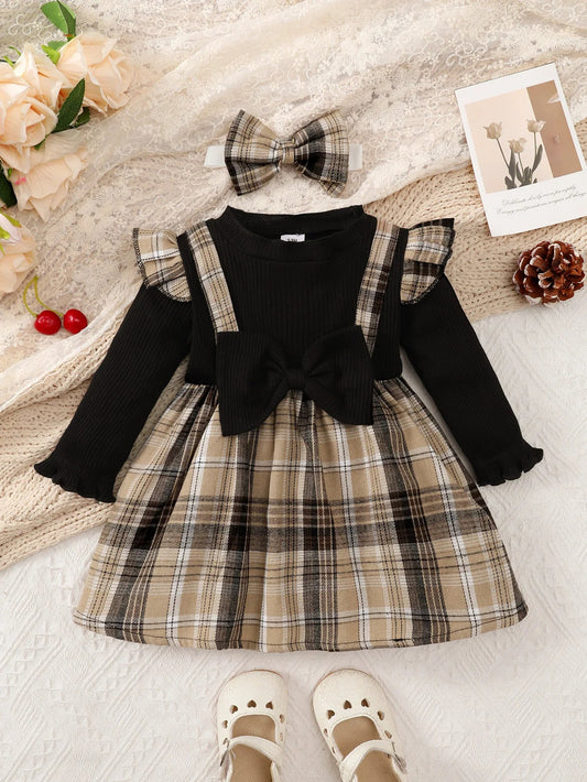 New Baby Girl Spring And Autumn Black Checkered Fake Two-piece Big Bow Headband Dress For Daily Outdoor Wear Good Vibrations