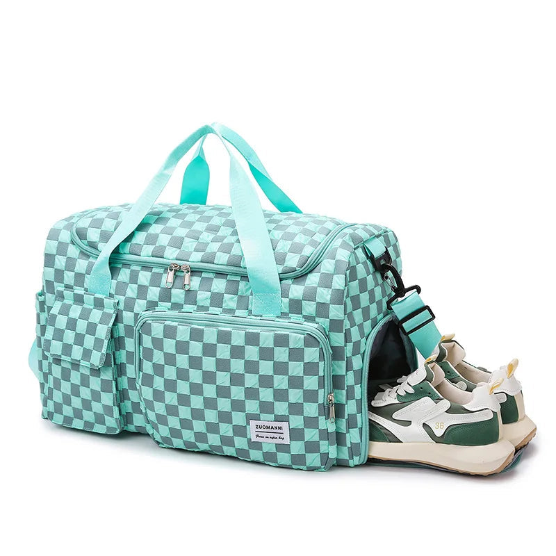 Fashion Large Capacity Checkerboard Pattern Duffle Handbag, Lightweight Travel Luggage Storage Bag, Portable Sports Fitness Bag Good Vibrations