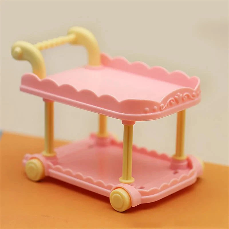 Cute Doll House Decoration Toy 1:12 Mini Trolley Dining Cart Dollhouse Storage Shelf Kitchen Model Ornaments Furniture Accessory Good Vibrations