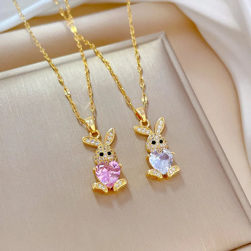 Stainless Steel Jewelry Sets for Woman Girls Shining Austrian Crystal Cute Rabbit Pendant Necklace Huggie Earrings Birthday Gift Good Vibrations Adult Super Store