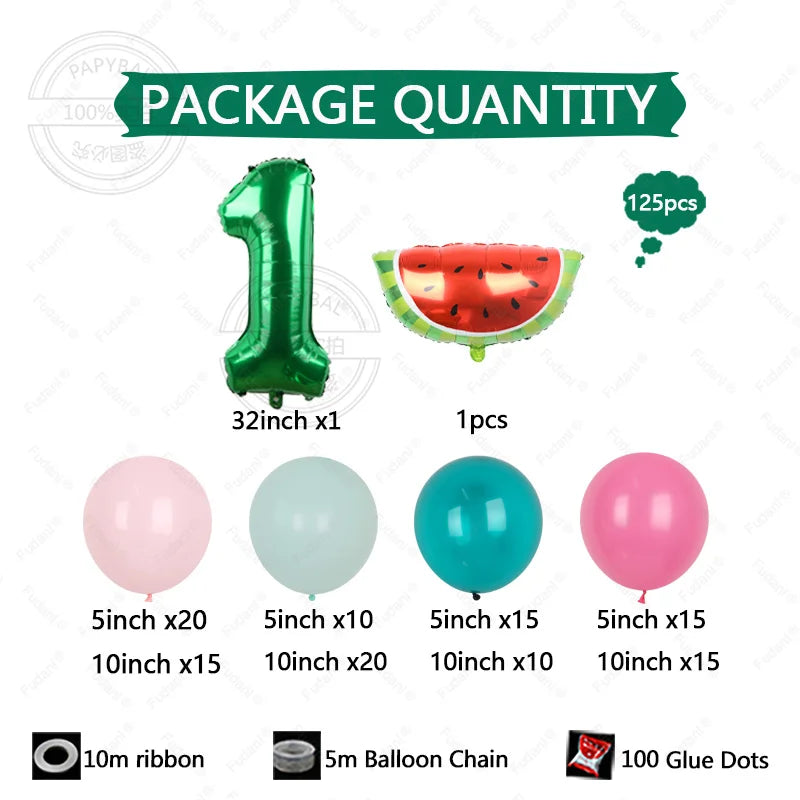 125pcs Summer Fruit Themed Party Decoration Green Number Birthday Balloon Set Red Watermelon Balloon Birthday Photo Background Good Vibrations