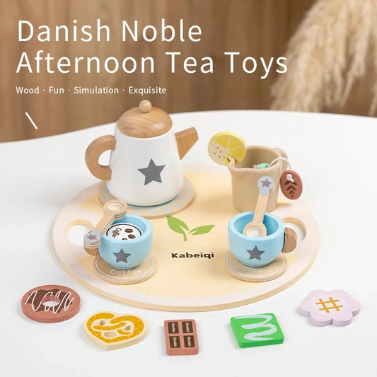 Wooden Kitchen Play Toys Kitchen Simulation Tea Set Afternoon Tea Activity Games Pretend Play Kitchen Accessories Toy for Kids Good Vibrations