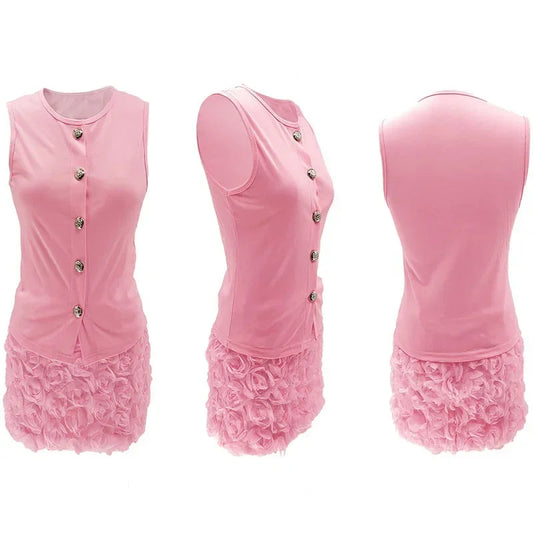Elegant Club Outfits for Women Two Piece Set Spring Summer Sleeveless Single-breasted Top and Floral Mini Skirt Matching Sets Good Vibrations