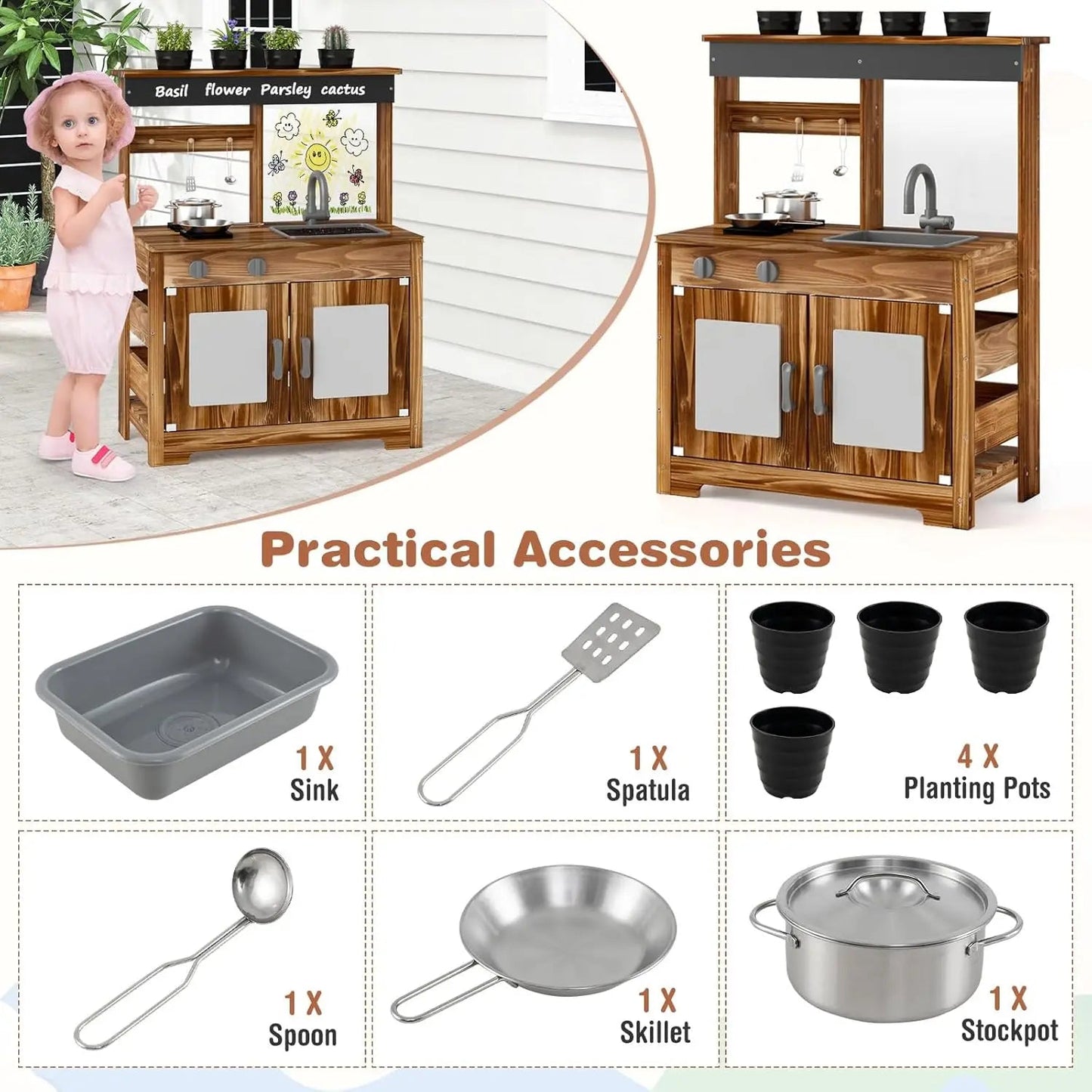 Mud Kitchen, Cedar Wood Outdoor Play Kitchen for Toddlers, Acrylic Board, Removable Sink, 4 Planting Cups, Kitchen Accessories, Good Vibrations