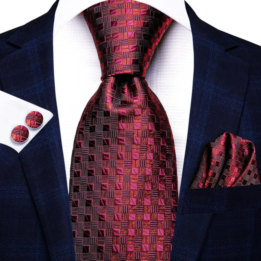 Hi-Tie Designer Red Burgundy Plaid Silk Wedding Tie For Men Handky Cufflink Gift Mens Necktie Fashion Business Party Dropshiping Good Vibrations