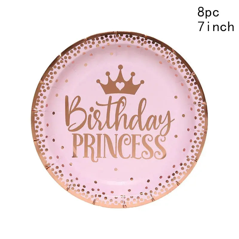 8Guests Pink One Year Old Birthday Disposable Tableware Crown Plates Cups Napkins Girls Princess Happy One 1st Birthday Party Good Vibrations