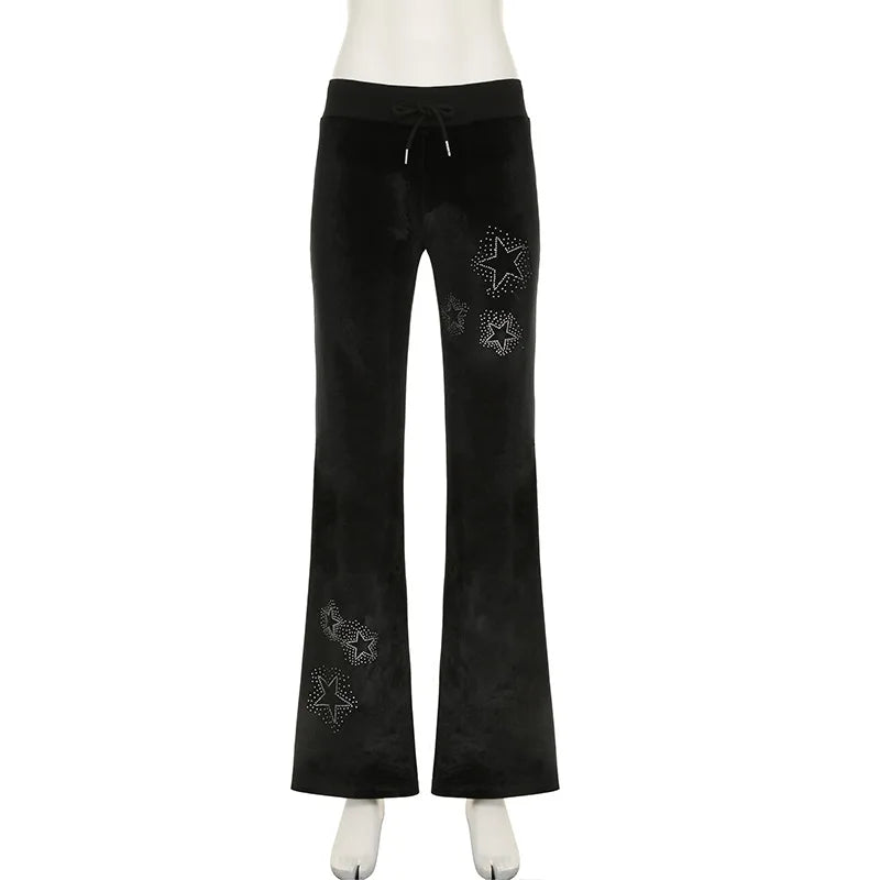 Goth Dark Techwear Fashion Stars Rhinestone Drawstring Pants Mall Goth Streetwear 90s Grunge Soft Velvet Trousers Women Y2K Pant Good Vibrations