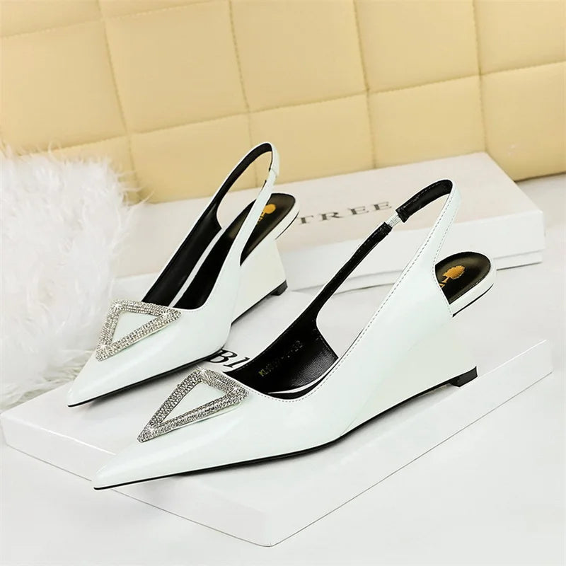 Wedges Women Shoes High Heel Shallow Pointed Toe Hollow Back Straps Patent Leather Triangle Metal Crystal Buckle Pumps Good Vibrations