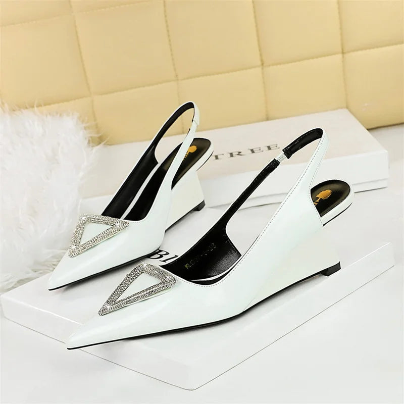 Wedges Women Shoes High Heel Shallow Pointed Toe Hollow Back Straps Patent Leather Triangle Metal Crystal Buckle Pumps Good Vibrations