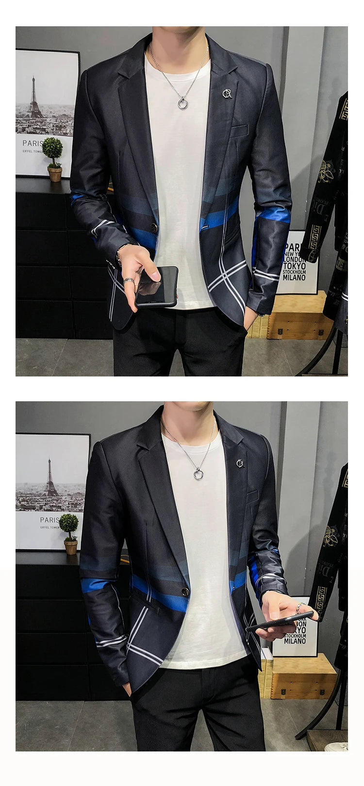 Blazer Men Boutique Fashion Plaid Men's Slim Casual Suit Jacket Male Ball Social Blazer Suit Coat Host Clothing Good Vibrations