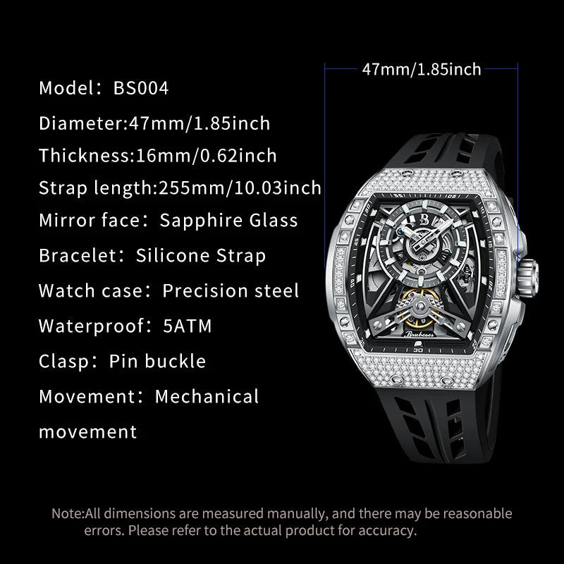 Men Mechanical Winding Watch Montre Homme 2024 New BRUBOSES 5ATM Water Resistant Luminous Tonneau Quartz Wristwatch WIth Diamond Good Vibrations