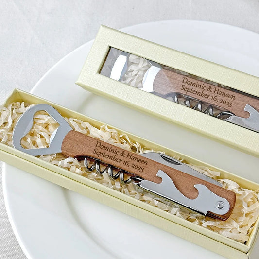 Wedding Gifts for Guests Personalized Wooden Wine Corkscrew with Box Customized Bottle Openers Wedding Souvenirs Party Favors Good Vibrations