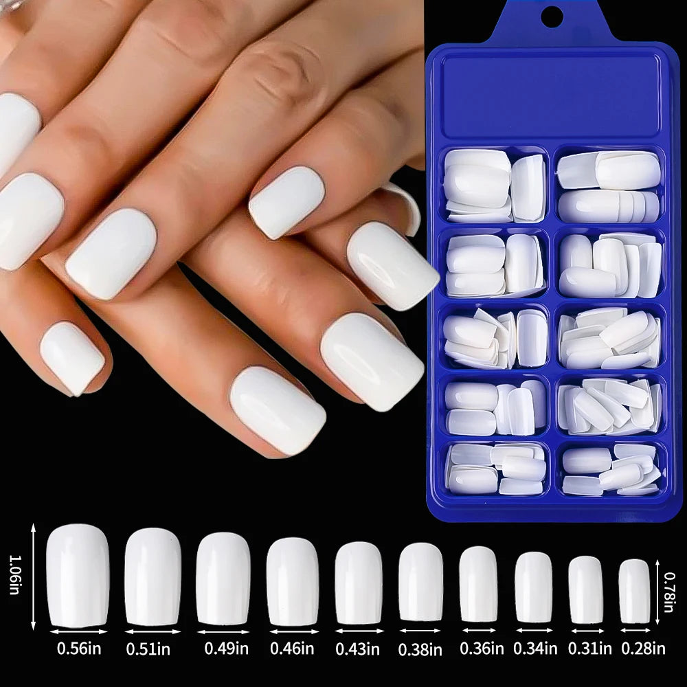 100pcs White Medium Square False Nails Full Cover Acrylic Artifical Fake Nail Tips Women Nail Decoration 10 Sizes Press On Nails Good Vibrations