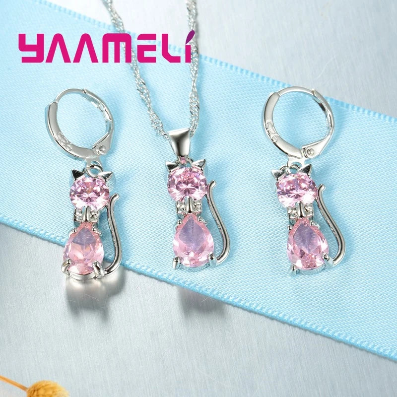 Real 925 Sterling Silver Color Jewelry Sets for Woman Girls Shining Austrian Crystal Cute Cat Pendant Necklace Huggie Earring Good Vibrations