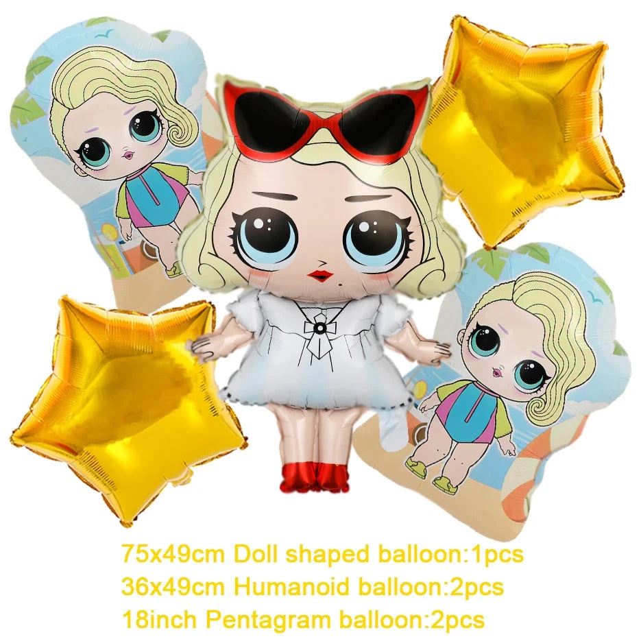 Girl Surprise Theme Backdrop Cute Shiny Doll Birthday Party Decoration Pink Latex Balloon Disposable Tableware Plate Cake Topper Good Vibrations