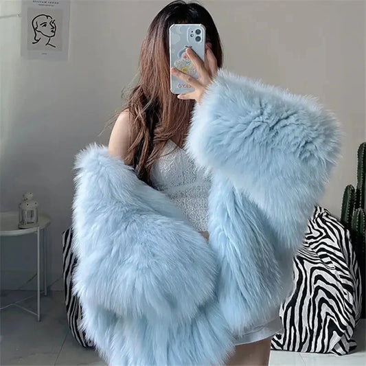Faux Fur Jackets for Women Autumn Winter Short Bat Maxi Hooded Coats Warm Thick Coat Loose Open Stitch Jacket Y2k Streetwear Good Vibrations
