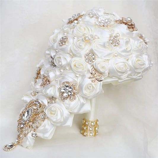 High quality Crystal Bride Waterfall Bouquet Bridesmaids Accessories Handmade Satin Rose Elegant Wedding Flowers Bridal Bouquet Good Vibrations