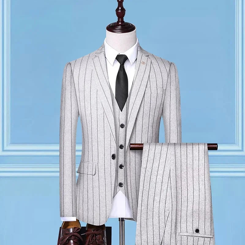 2025 Suit (suit + Vest + Trousers) Single Button Fashion Business Vertical Stripe Gentleman Suit Korean Suit Three-piece Suit Good Vibrations
