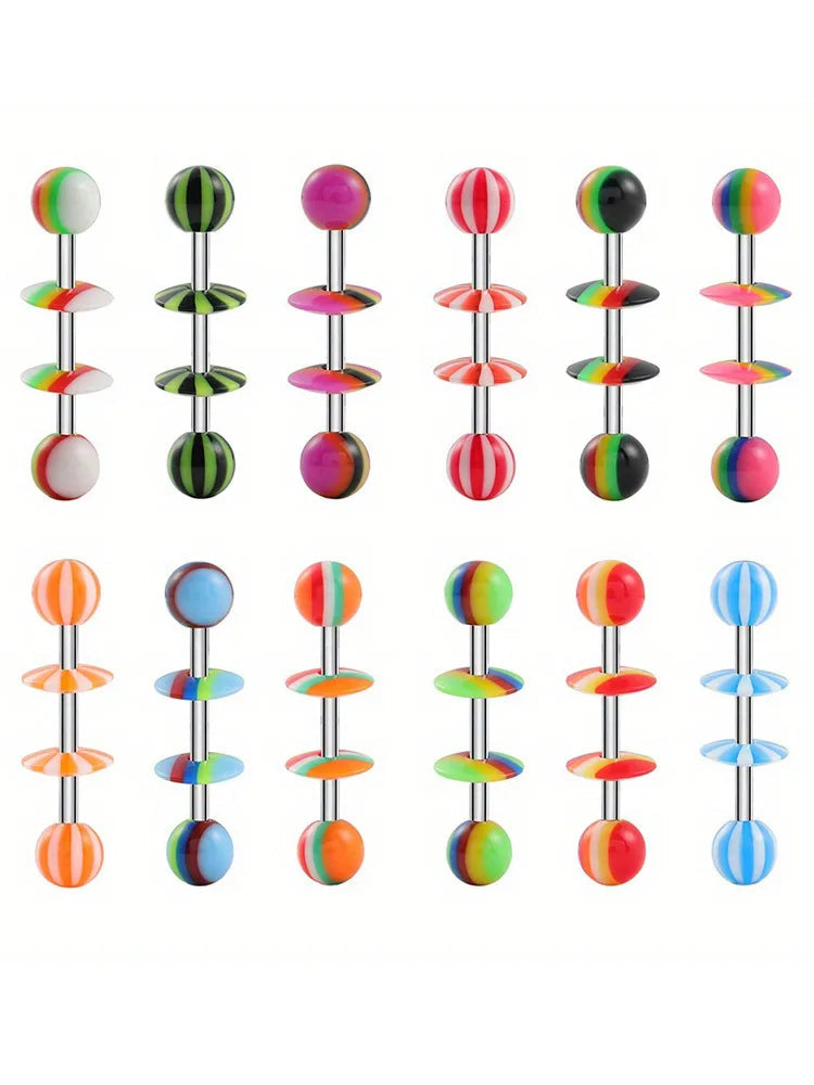 1/6/12pcs Acrylic Mixed Color Tongue Ring Adjustable Disc Barbell Tongue Ring Body Piercing Jewelry Stainless Steel Rod Good Vibrations
