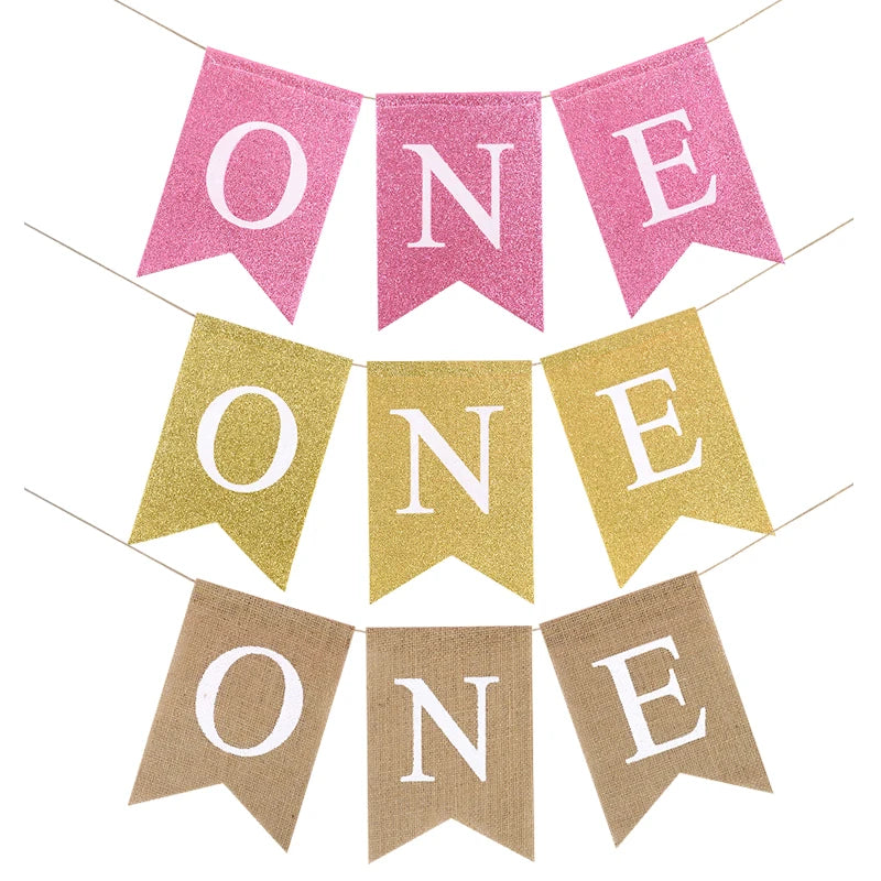 Baby First Birthday Chair Banner Burlap ONE Garland Boy Girl One Year Old Birthday Party Decoration Favors Photo Props Supplies Good Vibrations