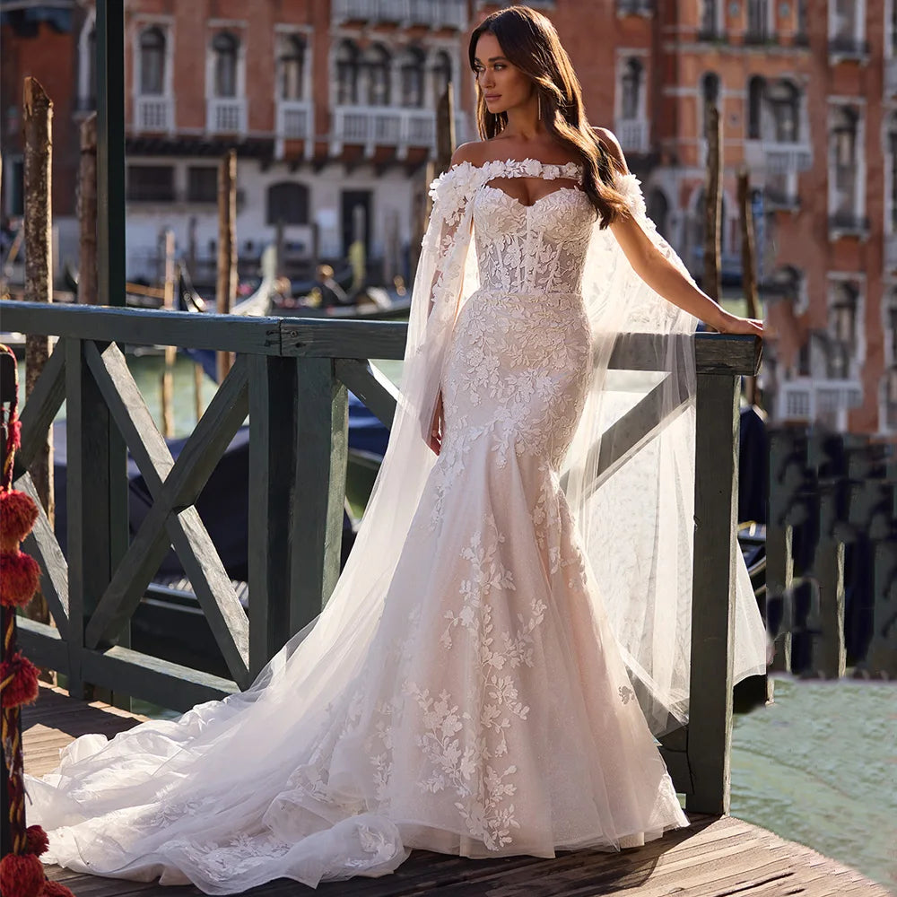 Luxury Mermaid Wedding Dress with Cape Customized Sweetheart Sleeveless See Through Applique Sweep Train Corset Bridal Gown Good Vibrations