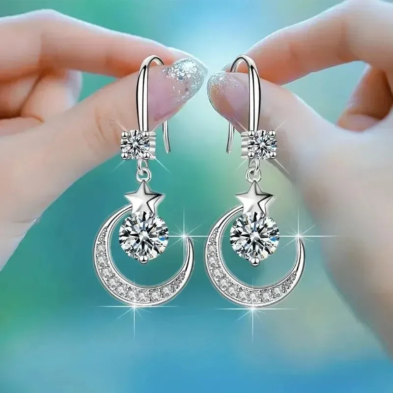 Female Fashion Star Moon Earrings 925 Sterling Silver White Sapphire Pink Blue White Artificial Dangle Earrings Good Vibrations Adult Super Store