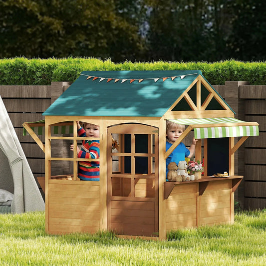 Wooden Outdoor Playhouse, Foldable Kids Cottage with Windows, Working Door, Snack Bars, Waterproof Covers, for 3-8 Years Good Vibrations