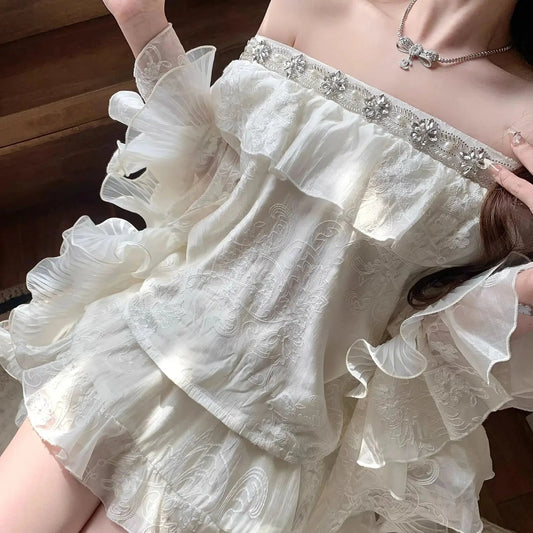 Vintage Sets Women Casual Y2k Crop Top Blouse + Mini Skirts Elegant 2 Piece Sets Female Korean Fashion Evening Party Outfits Good Vibrations