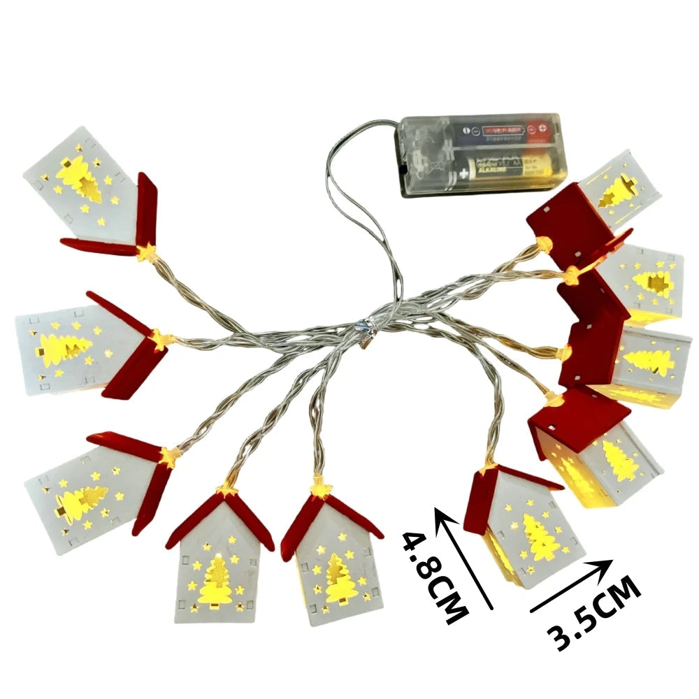 Christmas Wooden House LED String Light Xmas Tree Garland Home Fairy Lamp Merry Christmas Hanging Ornament 2025New Year Gift Noe Good Vibrations