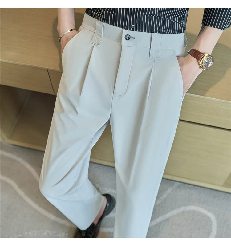 Men Straight Leg Suit Pants Summer Ice Silk Lightweight Elastic Waist Casual Loose Wide-leg Trousers Dress Pants Men Clothing