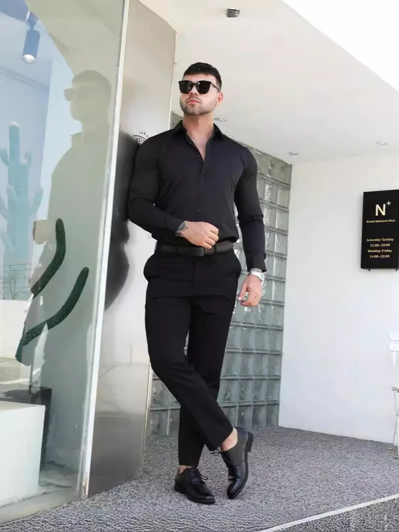 Men's formal shirt, summer long-sleeved, thin, business casual, breathable, no-iron, slimming, solid black color Good Vibrations
