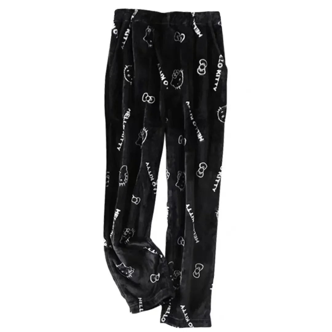 Sanrio Cartoon Hello Kitty Flannel Pajamas Black Women's Warm Woolen Cartoon Casual Home Pants In Autumn Winter Fashion Trousers Good Vibrations