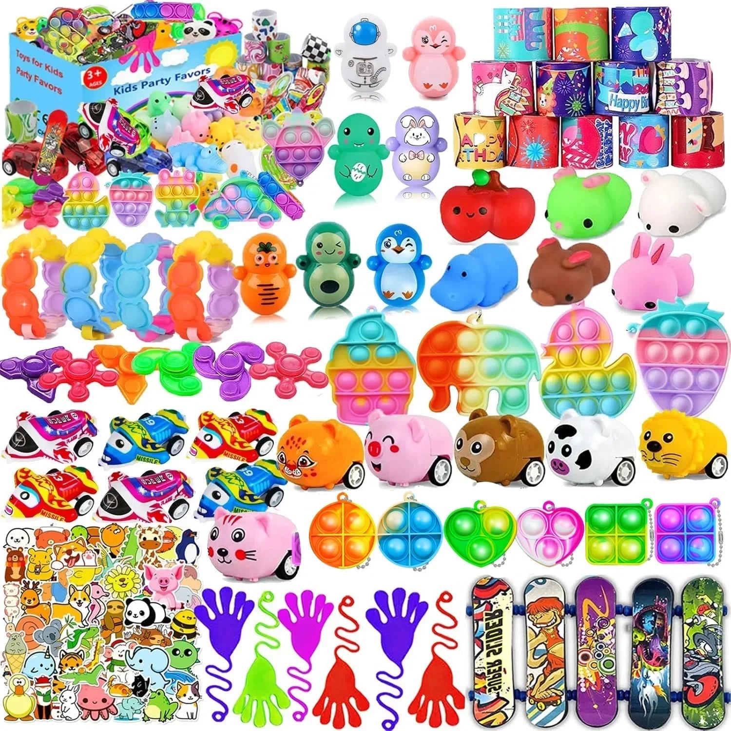 117/124/135pc Kids Birthday Pinata Toys Snap Bracelets Push Bubble Fidget Toys Carnival Prize Pinata Filler Bulk Toys Kids Gifts Good Vibrations