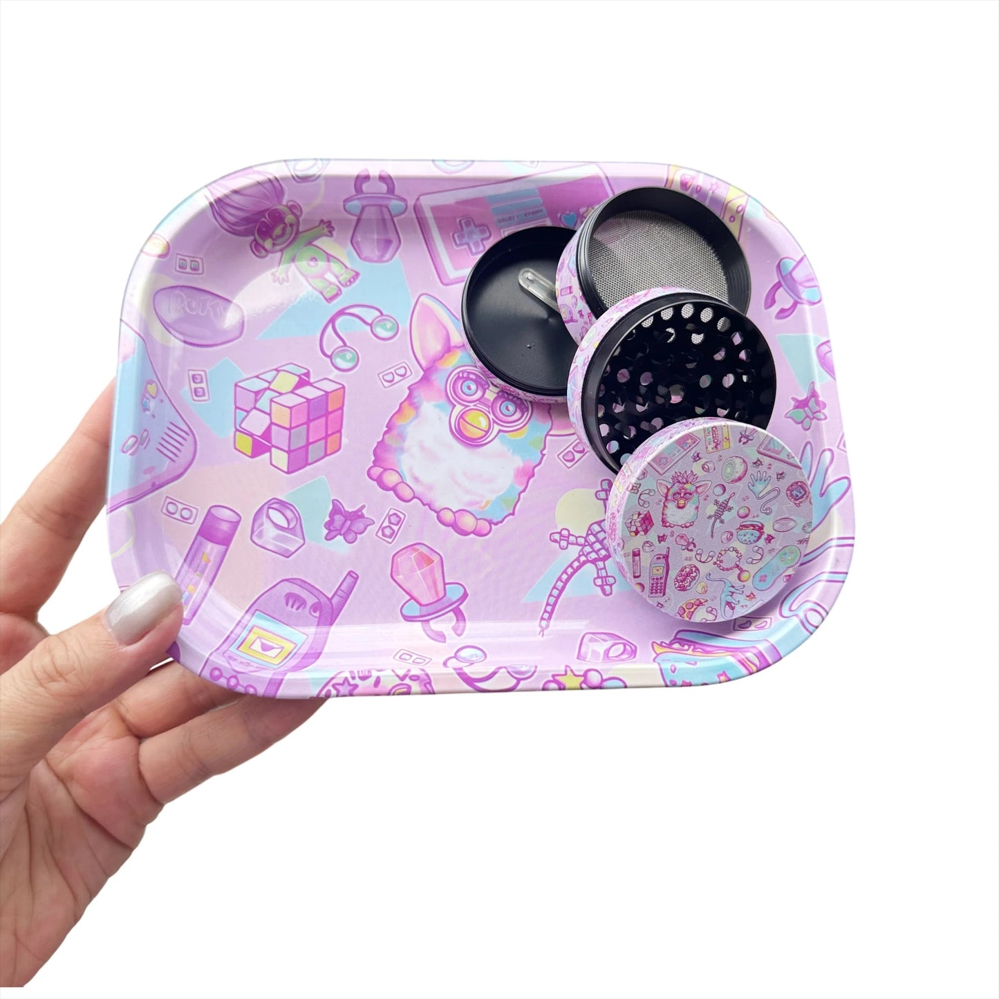 2 Pieces Cute Elf Cartoon Metal Rolling Tray and Herb Grinder Smoking Kit Good Vibrations