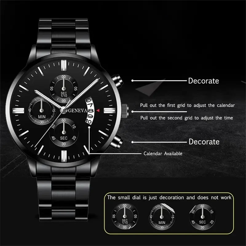 Fashion Mens Watches Luxury Black Stainless Steel Quartz Wrist Watch Man Business Watch for Men Calendar Clock Reloj Hombre Good Vibrations
