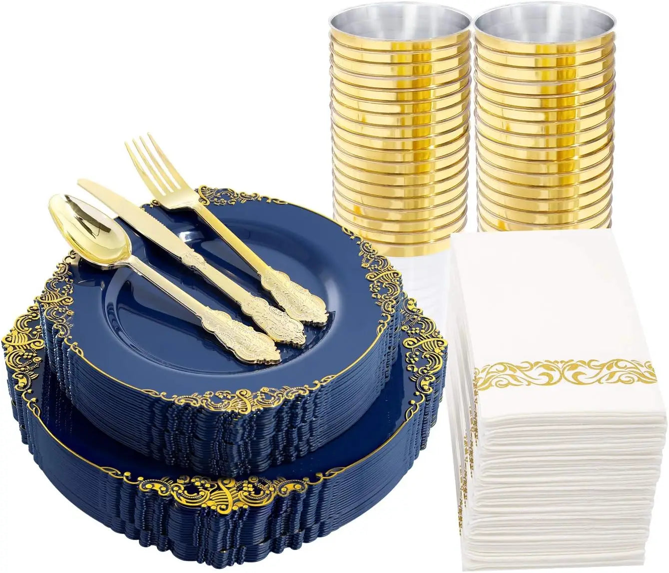 175PCS Blue Gold Plastic Plates Sets, Include 25Dinner Plates, 25Dessert Plates, 25Cups, 25Forks, 25Knives, 25Spoons, 25Napkins Good Vibrations